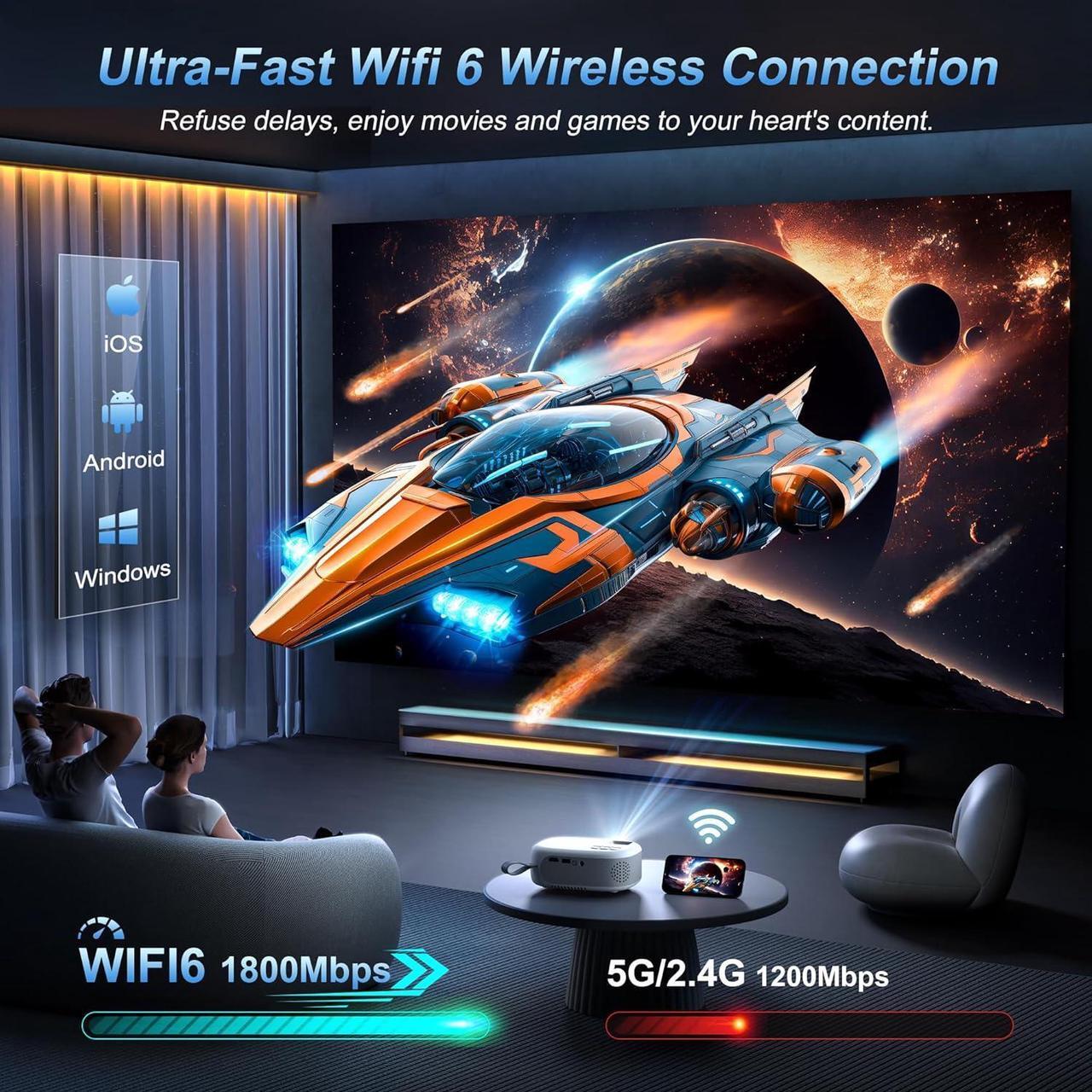 Alt view image 3 of 7 - Projector with WiFi and Bluetooth, Agreago Mini Outdoor Portable Projector with USB-C Cable, Focus & ±15% Keystone, Native 1080P Projector 2 Speakers Compatible with TV Stick/Laptop/HDMI