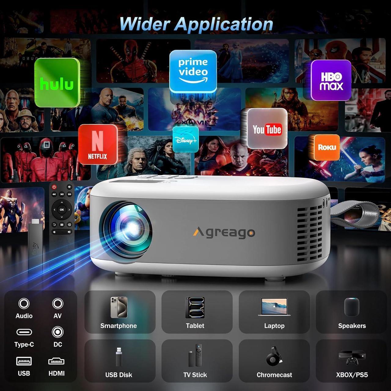 Alt view image 6 of 7 - Projector with WiFi and Bluetooth, Agreago Mini Outdoor Portable Projector with USB-C Cable, Focus & ±15% Keystone, Native 1080P Projector 2 Speakers Compatible with TV Stick/Laptop/HDMI