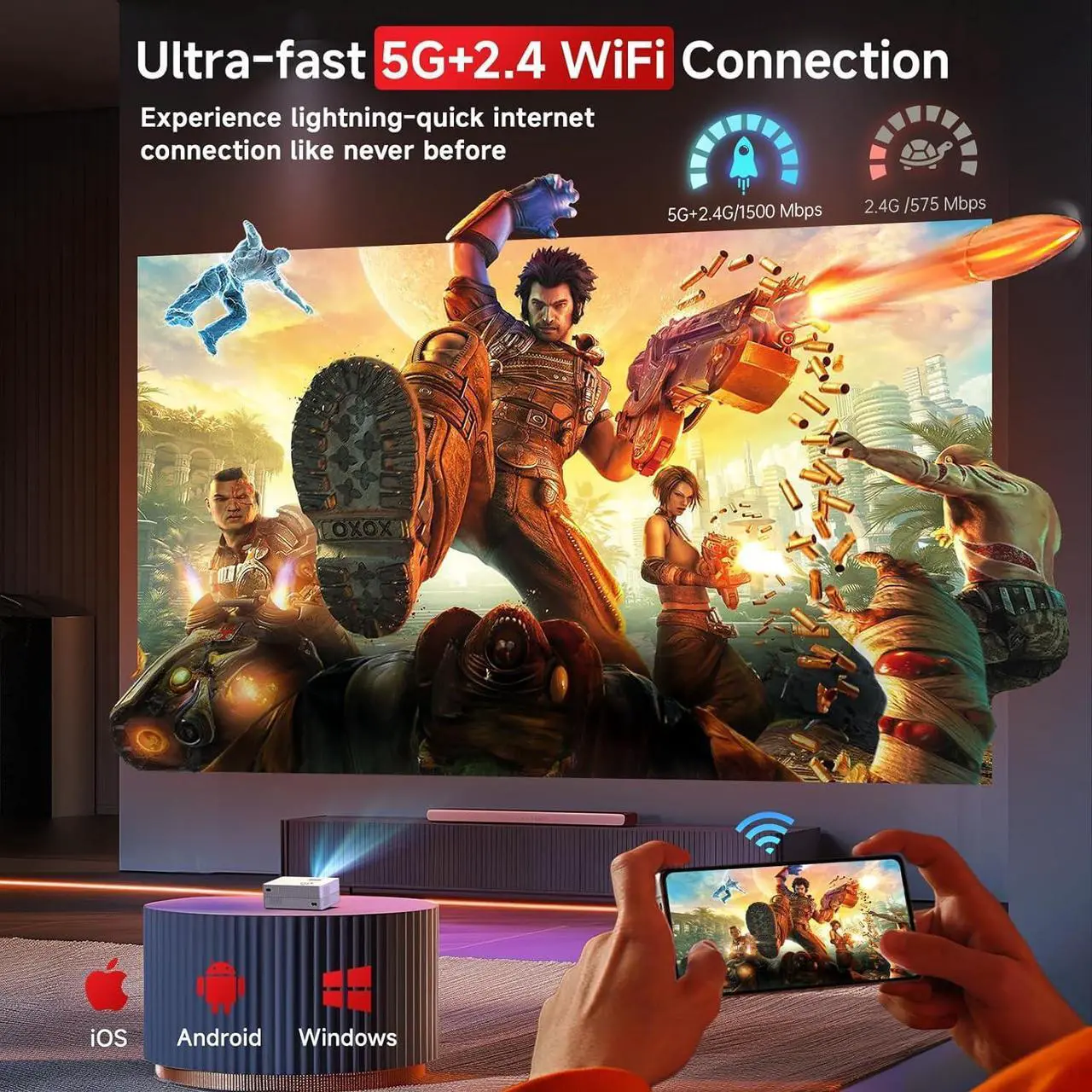 Alt view image 3 of 7 - 4K Mini Projector with WiFi and Bluetooth, JOWLURK 15000L Portable Projector, Outdoor Movie Projector for Home, Compatible with Android/iOS/Windows/TV Stick/HDMI/USB