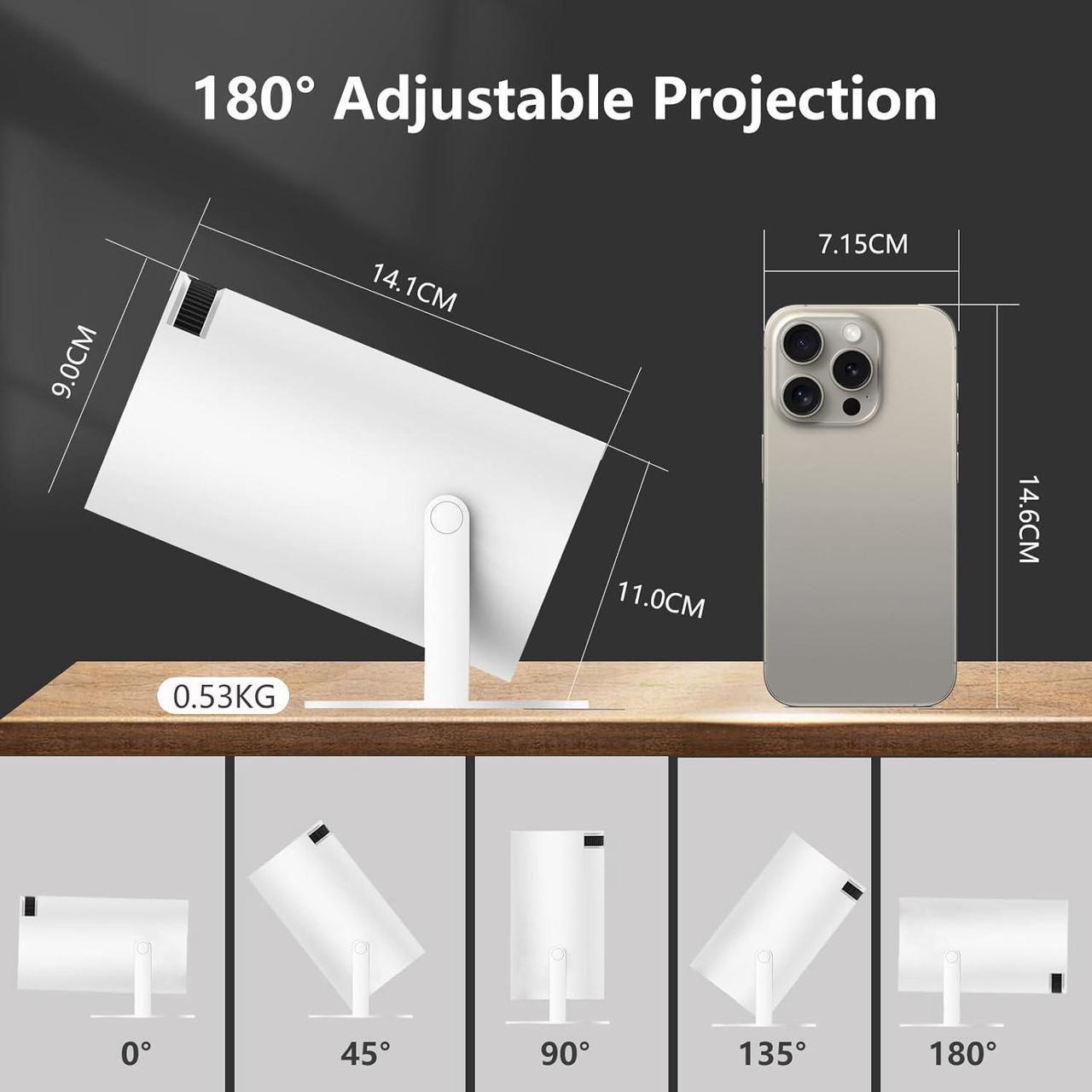 Alt view image 7 of 7 - Mini Projector Auto Keystone Portable Smart Projector with WiFi 6 BT 5.0, 180° Rotating Stand
