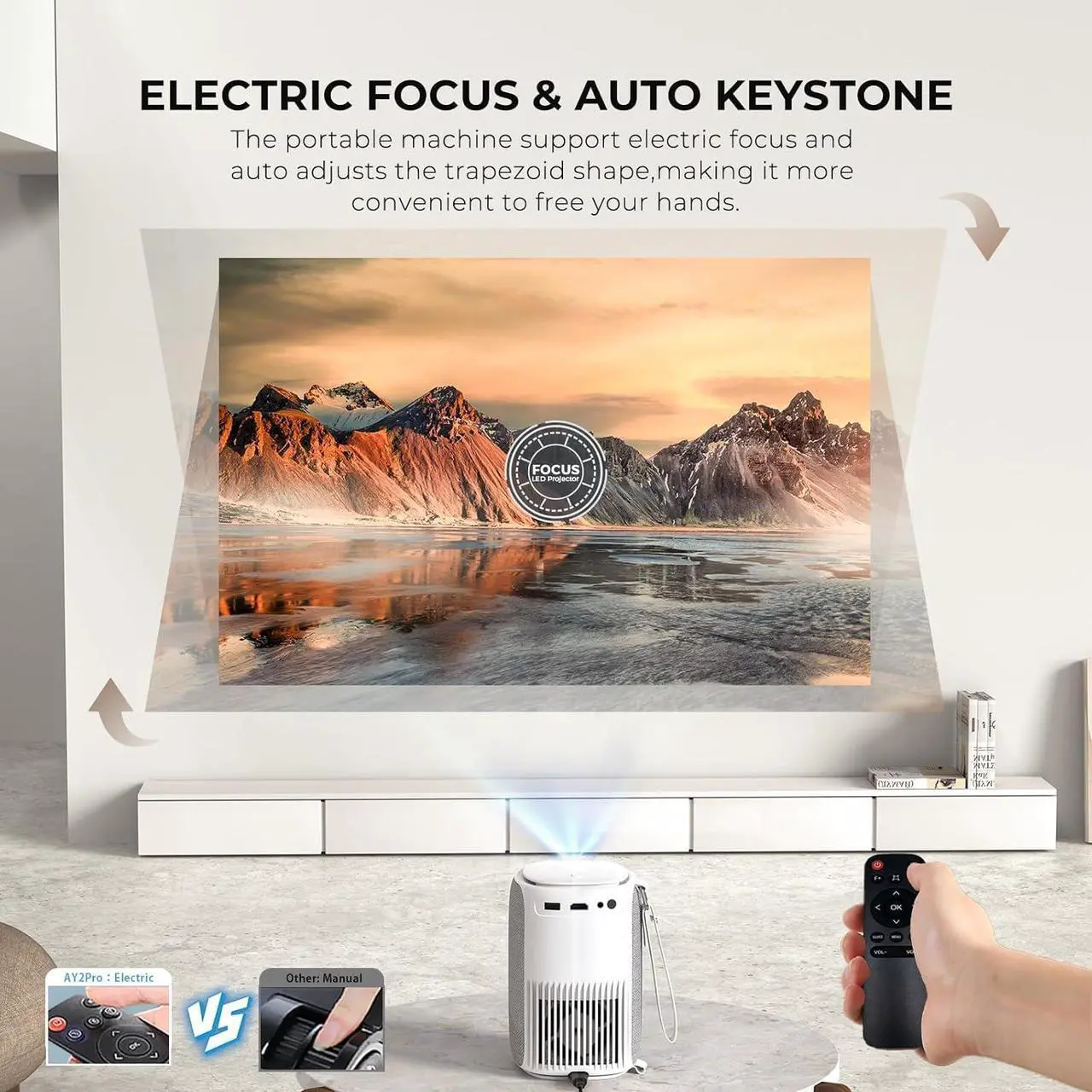 Alt view image 3 of 7 - [Electric Focus & Auto Keystone] Mini Projector With WiFi And Bluetooth, ONOAYO GivingYou AY2Pro Portable Projector 550 ANSI, Ultra Low Noise & Lens Cap Dustproof, Outdoor Projector For Phone/Laptop