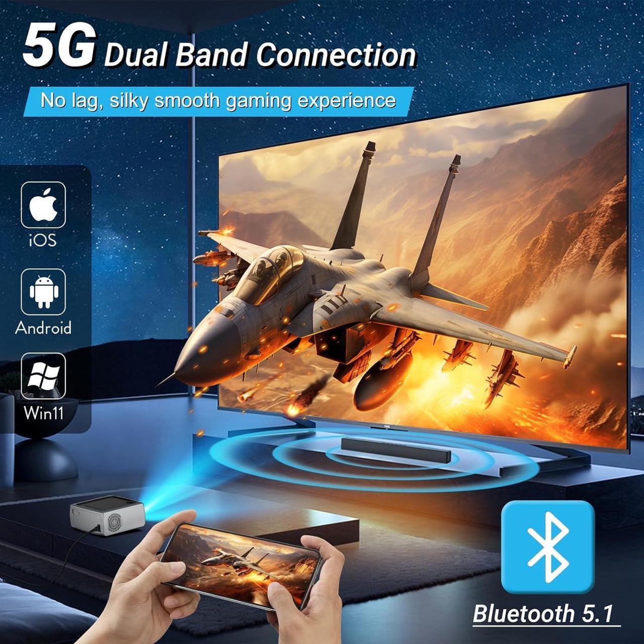 Alt view image 3 of 7 - Projector with WiFi and Bluetooth, 4K Support Outdoor Movie Projector 500 ANSI Native 1080P with Auto Keystone HIFI Speaker, 270" Screen 50% Zoom F410 Phone Projector for HDMI/USB/PC/TV Stick