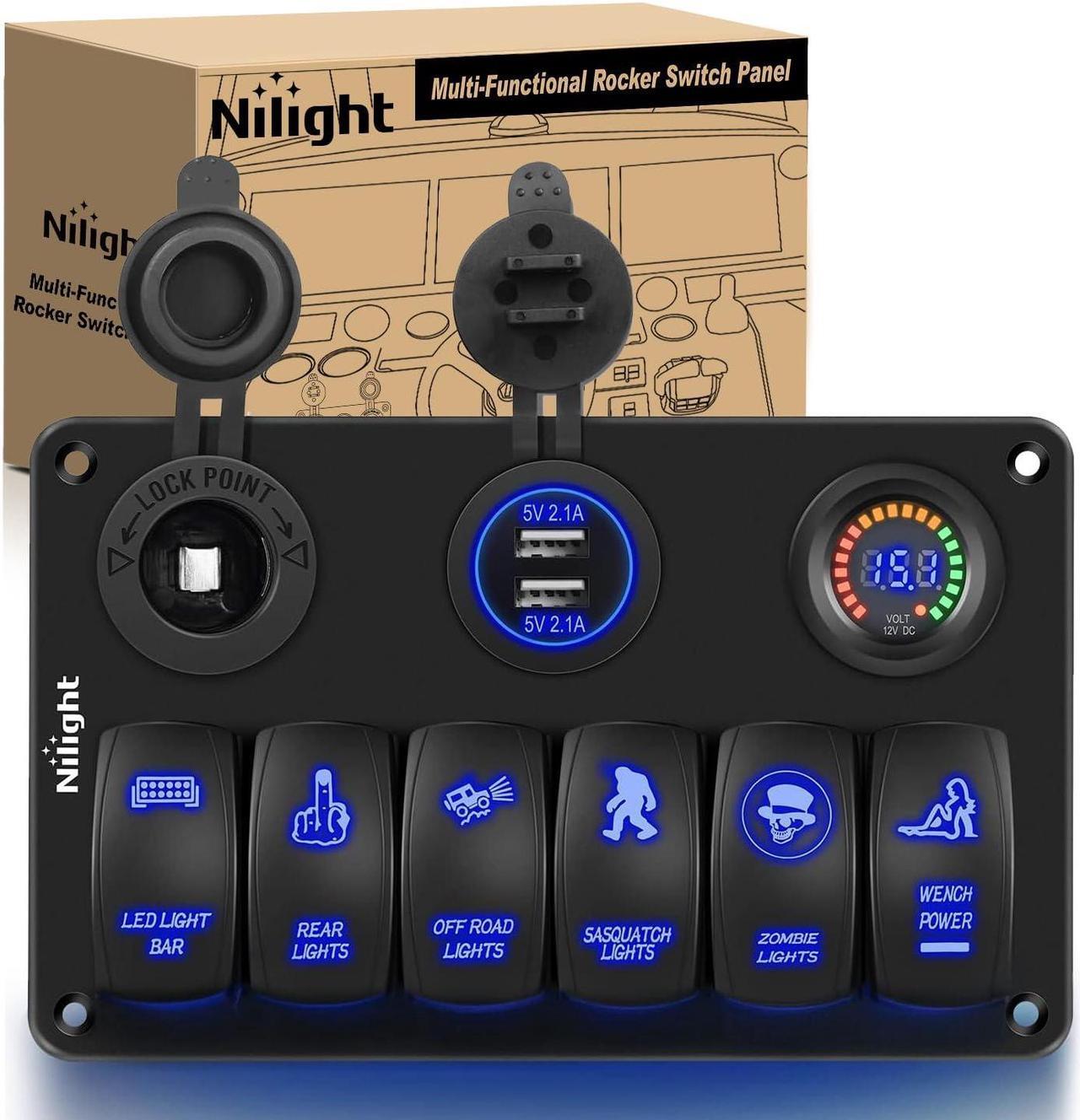 Main image of Nilight 6 Gang Rocker Switch Panel Laser Etched Aluminum Panel LED Light Bar Switch Panel with Cigarette Lighter and Dual USB Charger and Voltmeter for 12V-24V Cars Trailers UTV Boats RVs Campers