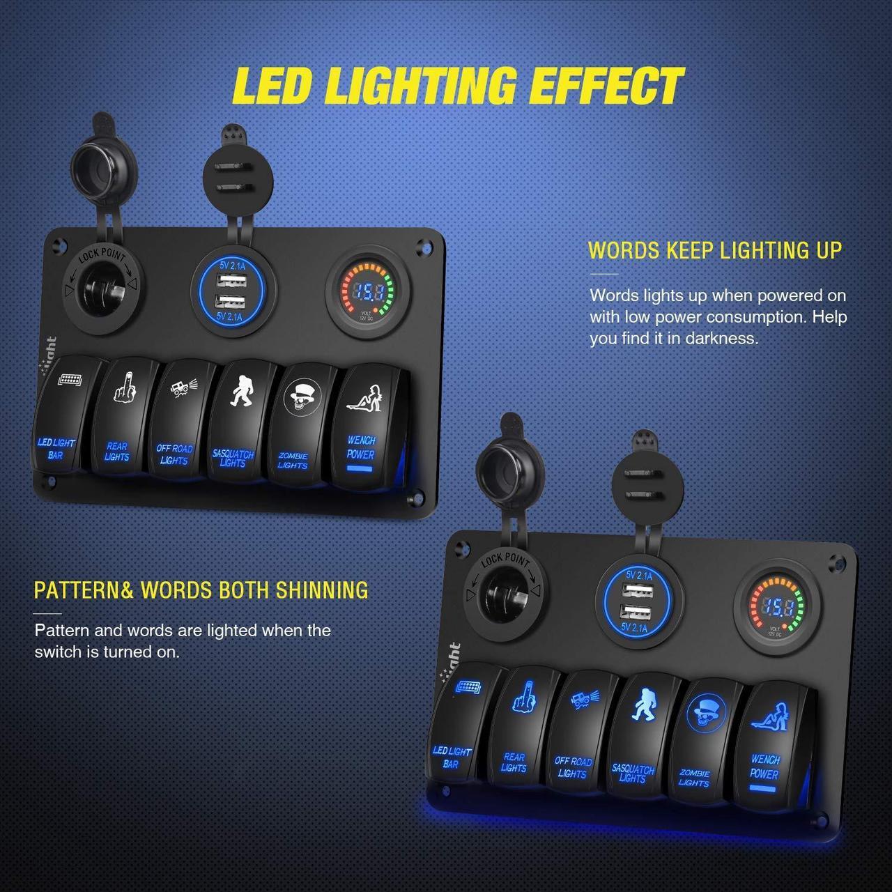 Alt view image 3 of 7 - Nilight 6 Gang Rocker Switch Panel Laser Etched Aluminum Panel LED Light Bar Switch Panel with Cigarette Lighter and Dual USB Charger and Voltmeter for 12V-24V Cars Trailers UTV Boats RVs Campers