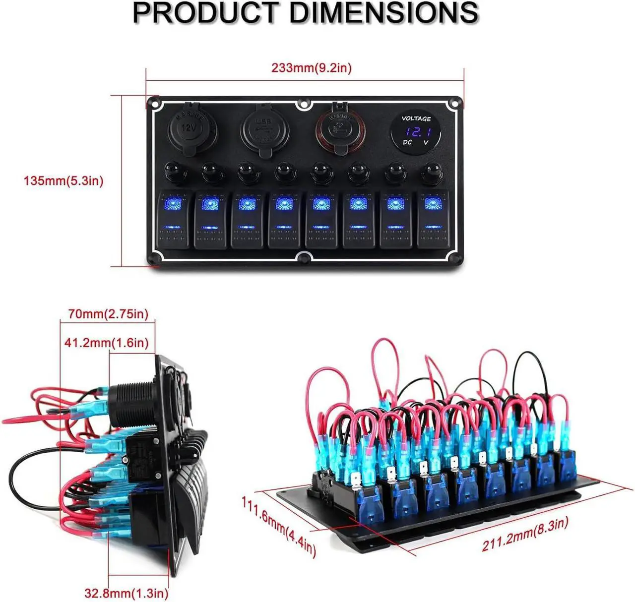 Alt view image 2 of 7 - 8 Gang Waterproof Multi-Function Toggle Switch Panel with Dual USB Charger+Power Socket+Voltmeter+Cigarette Lighter Socket Overload Protection,12v/24v Switch Panel for RV Marine Boat Car Vehicle Truck