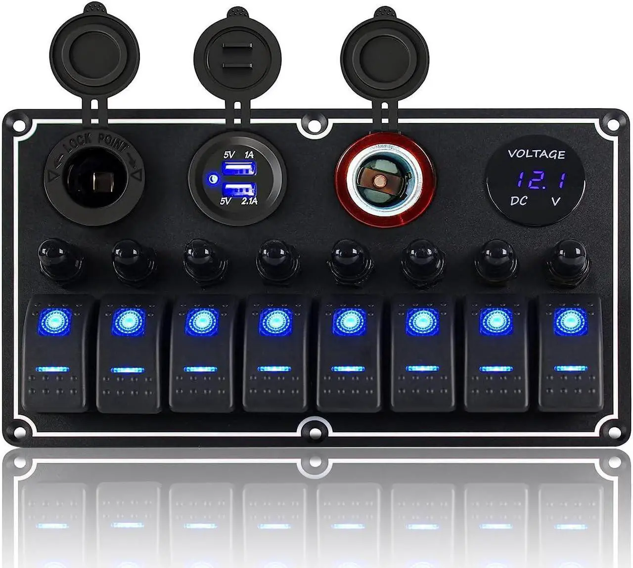 Main image of 8 Gang Waterproof Multi-Function Toggle Switch Panel with Dual USB Charger+Power Socket+Voltmeter+Cigarette Lighter Socket Overload Protection,12v/24v Switch Panel for RV Marine Boat Car Vehicle Truck
