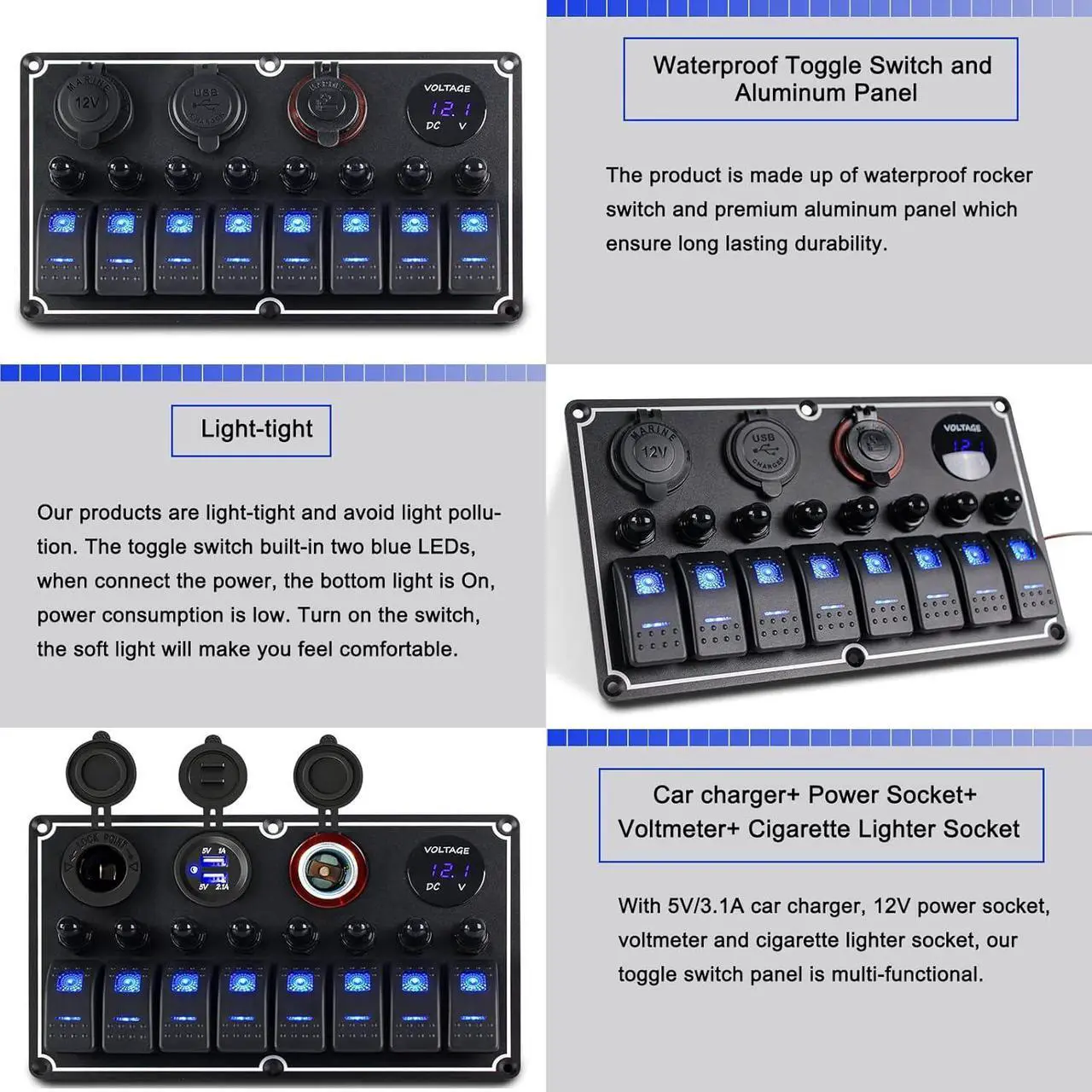 Alt view image 3 of 7 - 8 Gang Waterproof Multi-Function Toggle Switch Panel with Dual USB Charger+Power Socket+Voltmeter+Cigarette Lighter Socket Overload Protection,12v/24v Switch Panel for RV Marine Boat Car Vehicle Truck