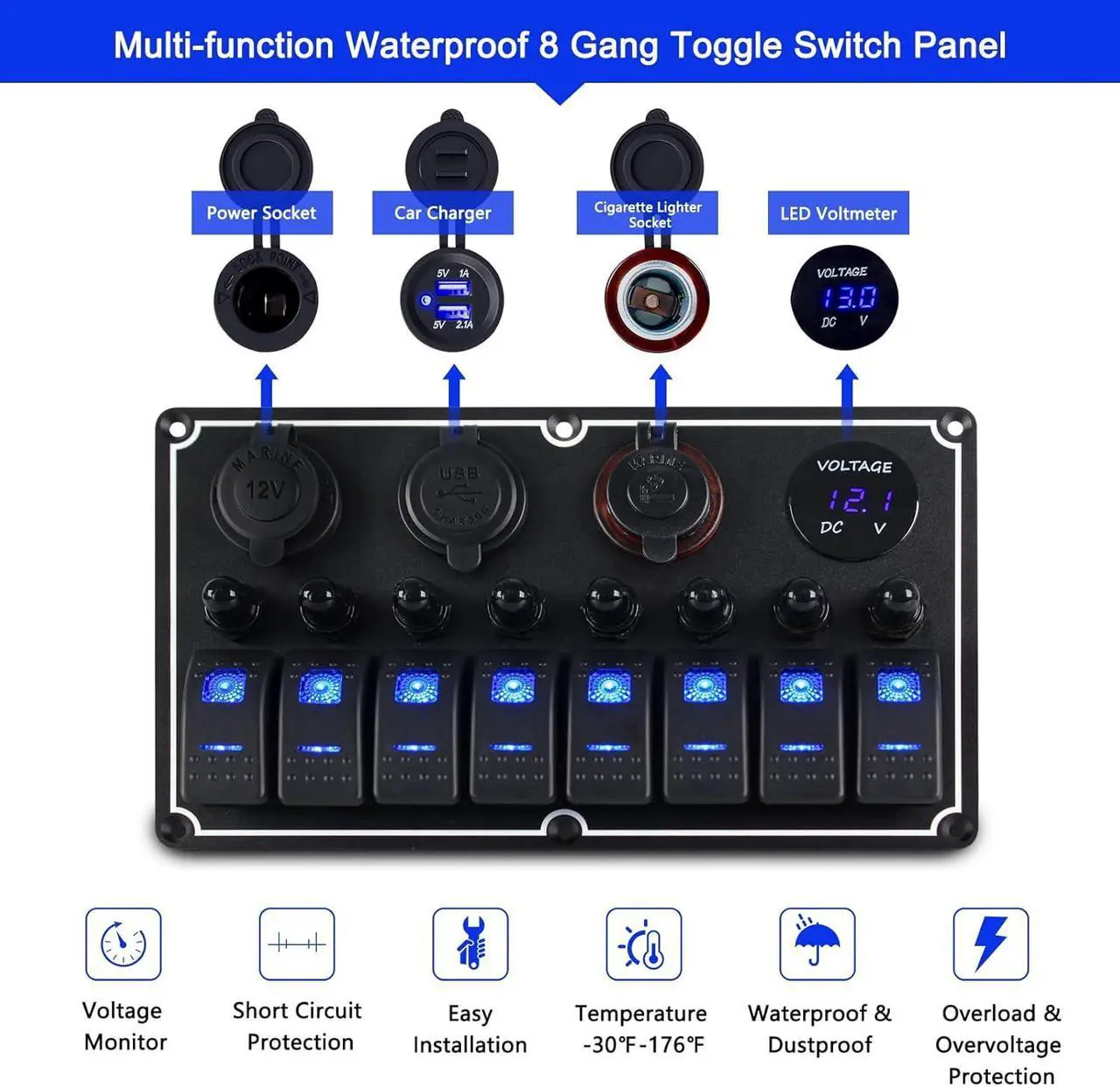 Alt view image 4 of 7 - 8 Gang Waterproof Multi-Function Toggle Switch Panel with Dual USB Charger+Power Socket+Voltmeter+Cigarette Lighter Socket Overload Protection,12v/24v Switch Panel for RV Marine Boat Car Vehicle Truck