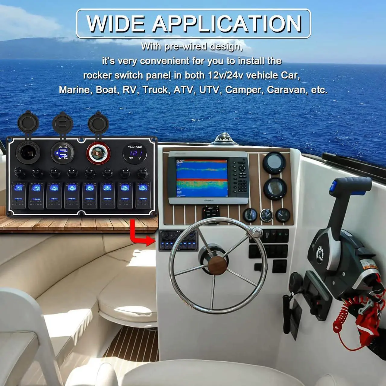 Alt view image 6 of 7 - 8 Gang Waterproof Multi-Function Toggle Switch Panel with Dual USB Charger+Power Socket+Voltmeter+Cigarette Lighter Socket Overload Protection,12v/24v Switch Panel for RV Marine Boat Car Vehicle Truck