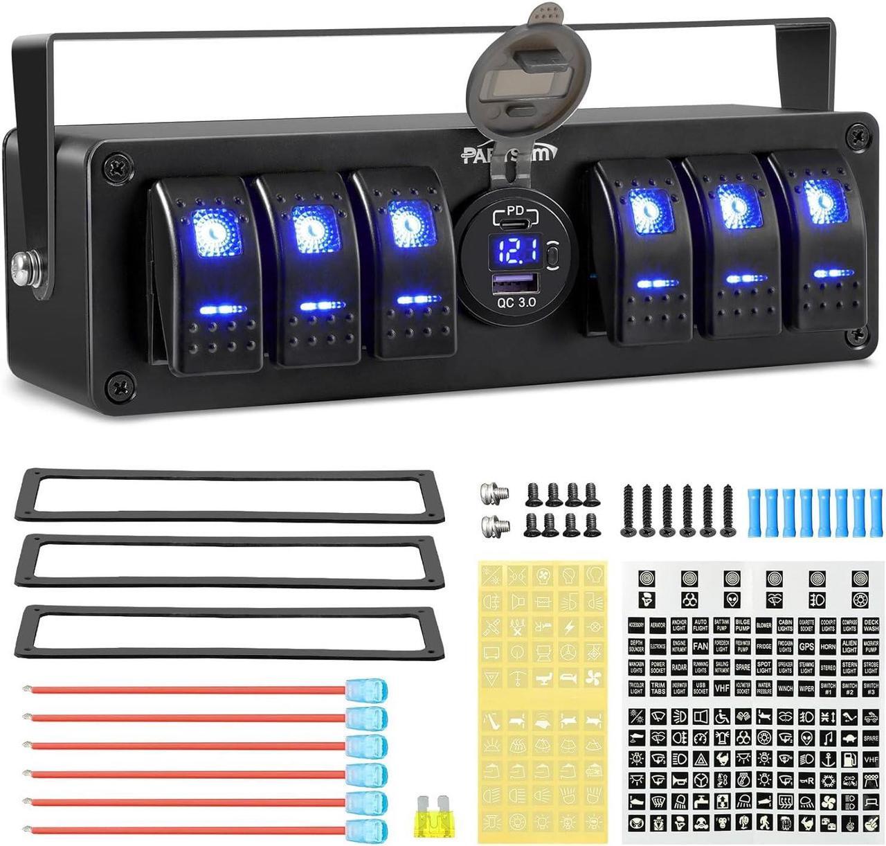 Main image of 6 Gang Rocker Switch Panel Box12V-24V Aluminum Boat Marine Toggle Switch with USB and Type C Charger Voltmeter w/Fuses Waterproof Gasket for Car Pickup RV Van SUV UVT ATV