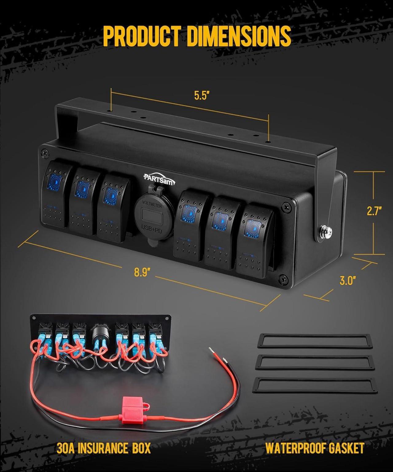 Alt view image 2 of 7 - 6 Gang Rocker Switch Panel Box12V-24V Aluminum Boat Marine Toggle Switch with USB and Type C Charger Voltmeter w/Fuses Waterproof Gasket for Car Pickup RV Van SUV UVT ATV
