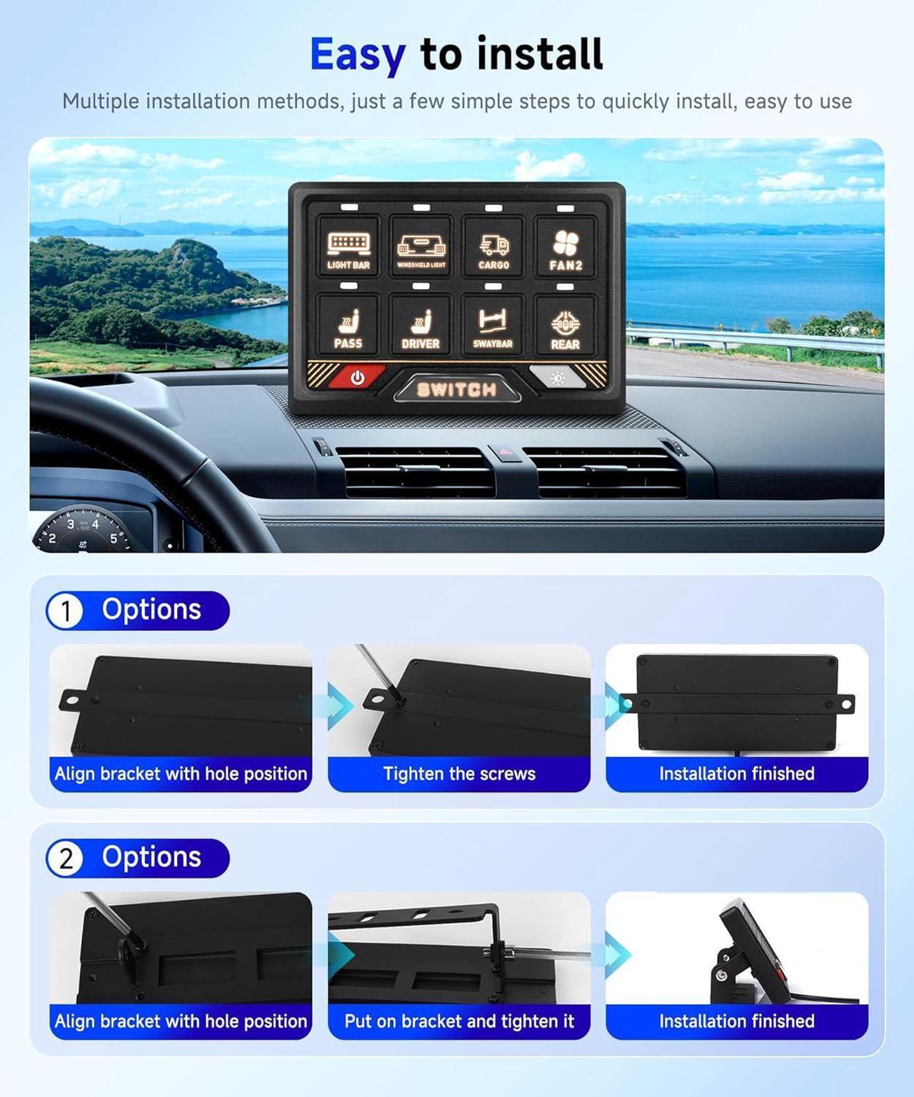 Alt view image 2 of 7 - RGB 8 Gang Switch Panel High Power 5-Level Brightness - Multifunction Toggle Switch Momentary Circuit Control Relay System Box for Truck SUV Offroad Marine Boat Rocker