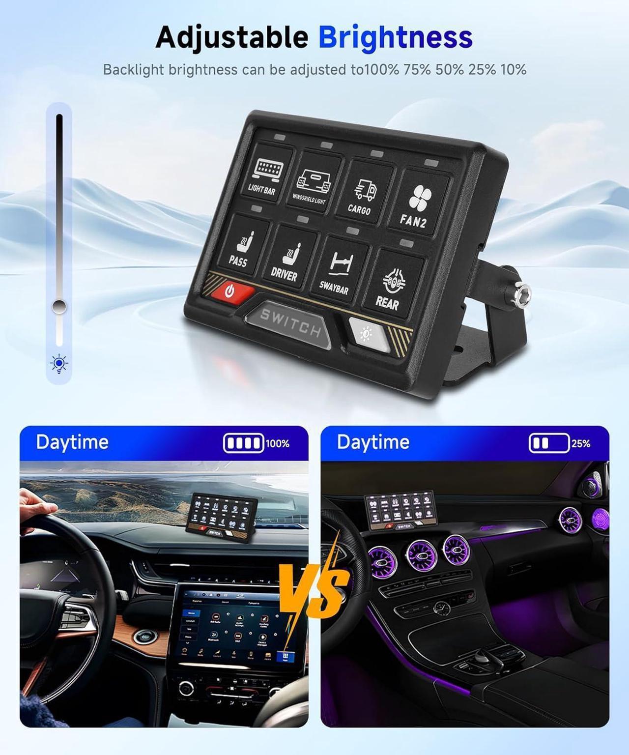 Alt view image 4 of 7 - RGB 8 Gang Switch Panel High Power 5-Level Brightness - Multifunction Toggle Switch Momentary Circuit Control Relay System Box for Truck SUV Offroad Marine Boat Rocker