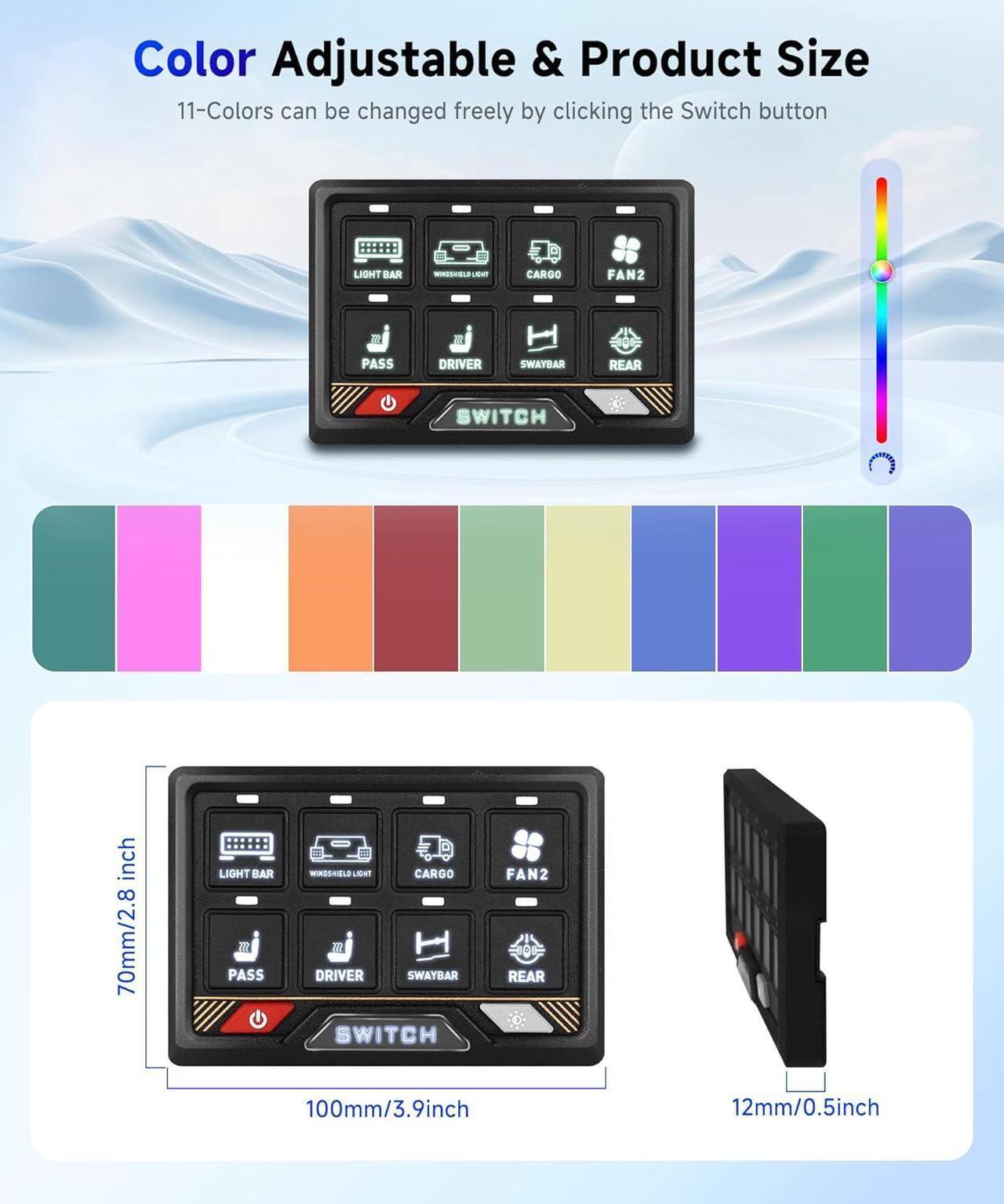 Alt view image 6 of 7 - RGB 8 Gang Switch Panel High Power 5-Level Brightness - Multifunction Toggle Switch Momentary Circuit Control Relay System Box for Truck SUV Offroad Marine Boat Rocker
