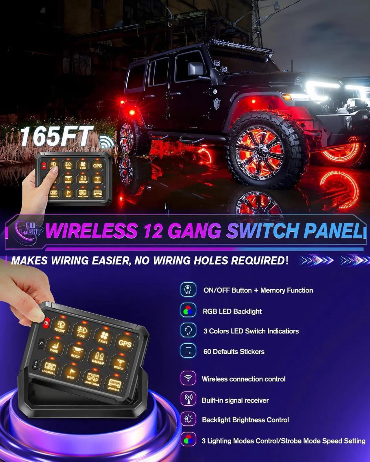 Alt view image 2 of 7 - CO LIGHT 12 Gang Wireless Switch Panel Remote Control Range up to 165FT 5-Level Brightness Multifunction Built in Solid State Relay Switch Panel for Off-Road Truck SUV UTV RV
