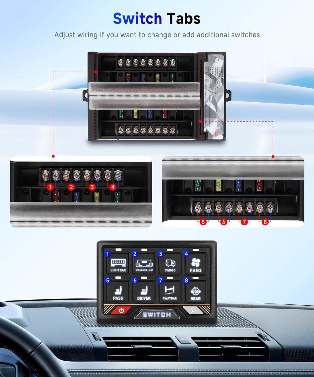 Alt view image 5 of 7 - RGB 8 Gang Switch Panel High Power 5-Level Brightness - Multifunction Toggle Switch Momentary Circuit Control Relay System Box for Truck SUV Offroad Marine Boat Rocker