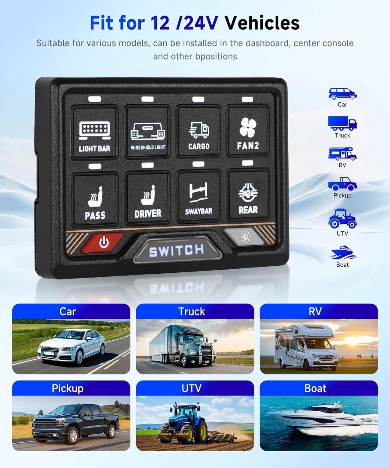 Alt view image 7 of 7 - RGB 8 Gang Switch Panel High Power 5-Level Brightness - Multifunction Toggle Switch Momentary Circuit Control Relay System Box for Truck SUV Offroad Marine Boat Rocker