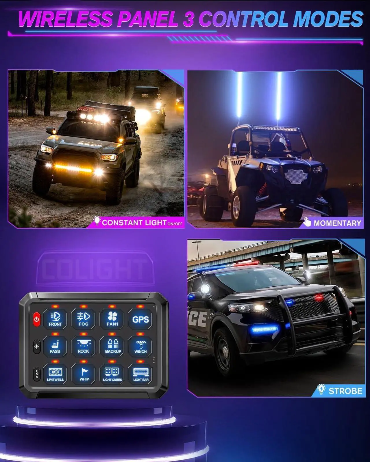 Alt view image 5 of 7 - CO LIGHT 12 Gang Wireless Switch Panel Remote Control Range up to 165FT 5-Level Brightness Multifunction Built in Solid State Relay Switch Panel for Off-Road Truck SUV UTV RV