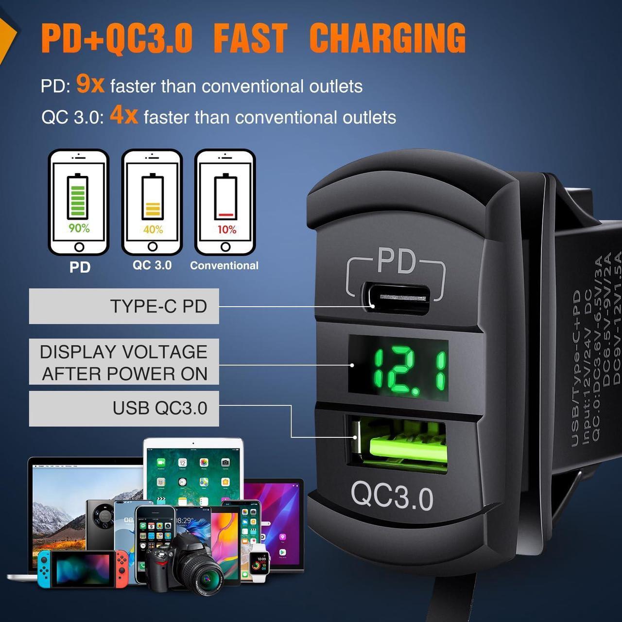 Alt view image 3 of 7 - Nilight 5 Gang Rocker Switch Box 12V SPST ON Off Toggle Switch PD Type C and QC 3.0 USB Charger Voltmeter LED Light Waterproof Aluminum Mount Bracket Switch Panel DIY Stickers for Boat Car RV Truck