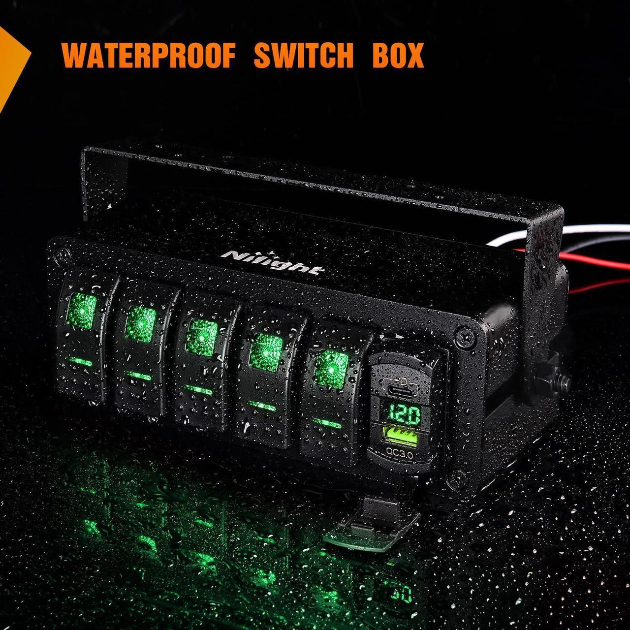 Alt view image 7 of 7 - Nilight 5 Gang Rocker Switch Box 12V SPST ON Off Toggle Switch PD Type C and QC 3.0 USB Charger Voltmeter LED Light Waterproof Aluminum Mount Bracket Switch Panel DIY Stickers for Boat Car RV Truck