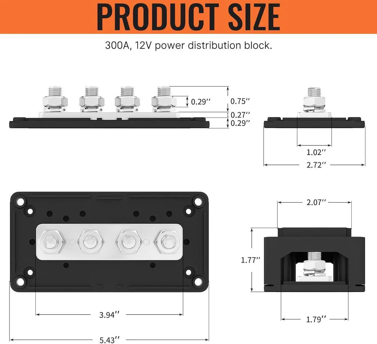 Alt view image 2 of 6 - 300A Bus Bar 12V DC Waterproof Power Distribution Block with 4 x 3/8" Studs, Heavy Duty Marine Battery Bus Bar Terminal Block 12 Volt for Automotive, Car, Solar Wiring - Positive&Negative