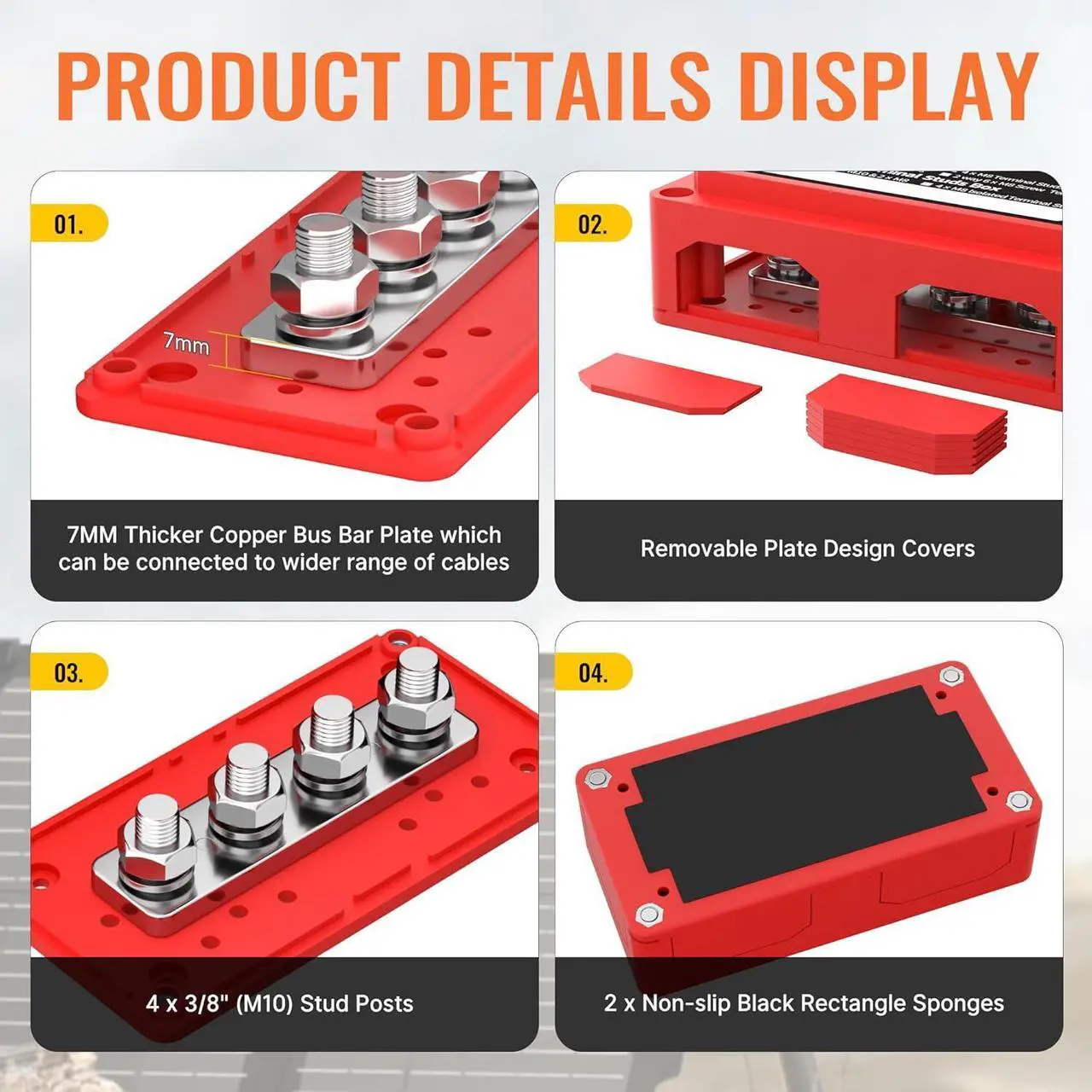 Alt view image 3 of 6 - 300A Bus Bar 12V DC Waterproof Power Distribution Block with 4 x 3/8" Studs, Heavy Duty Marine Battery Bus Bar Terminal Block 12 Volt for Automotive, Car, Solar Wiring - Positive&Negative