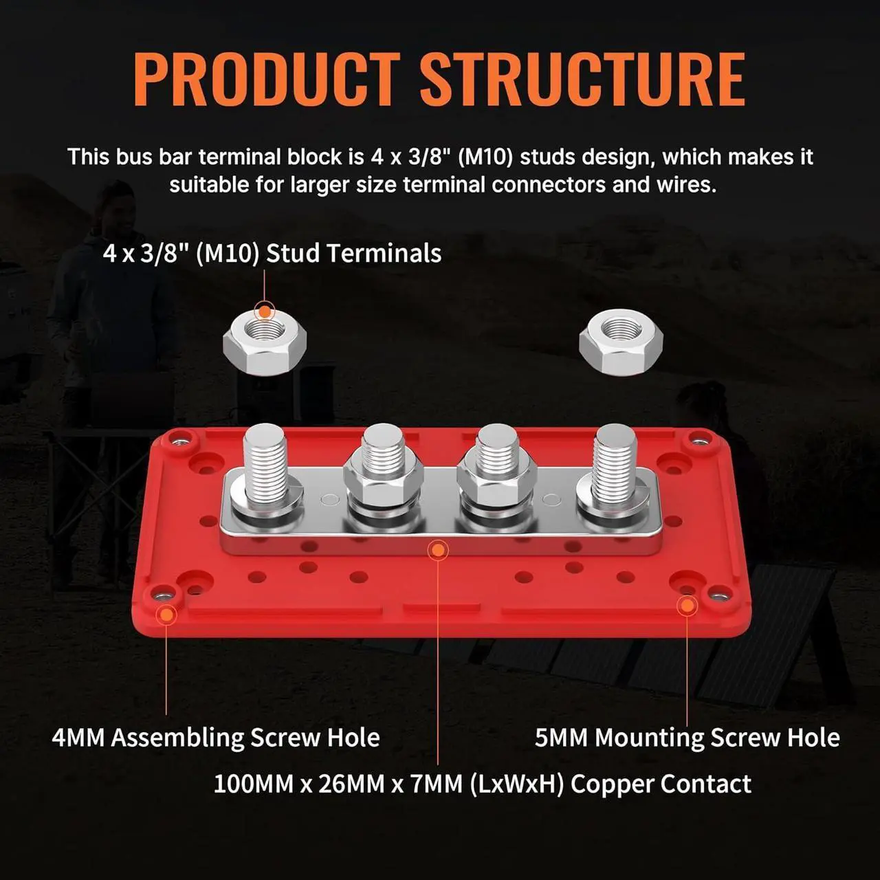 Alt view image 4 of 6 - 300A Bus Bar 12V DC Waterproof Power Distribution Block with 4 x 3/8" Studs, Heavy Duty Marine Battery Bus Bar Terminal Block 12 Volt for Automotive, Car, Solar Wiring - Positive&Negative