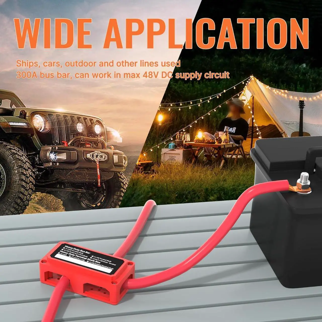 Alt view image 6 of 6 - 300A Bus Bar 12V DC Waterproof Power Distribution Block with 4 x 3/8" Studs, Heavy Duty Marine Battery Bus Bar Terminal Block 12 Volt for Automotive, Car, Solar Wiring - Positive&Negative