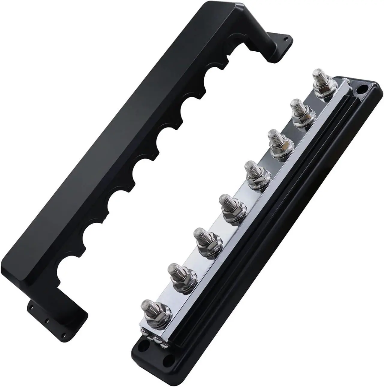 Alt view image 2 of 7 - 600A High Current Busbar 12-48V DC Heavy-Duty Nickel-Plated Copper Power Distribution Block 8xM10 (3/8") Terminal Studs with Cover Battery Bus Bar for Automobiles Boat RV Truck (Black&Red)