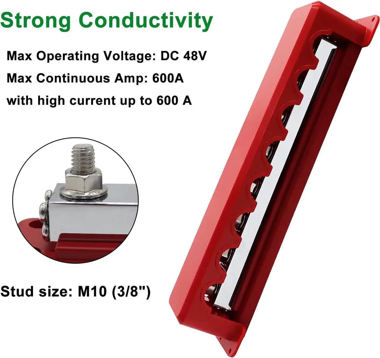 Alt view image 4 of 7 - 600A High Current Busbar 12-48V DC Heavy-Duty Nickel-Plated Copper Power Distribution Block 8xM10 (3/8") Terminal Studs with Cover Battery Bus Bar for Automobiles Boat RV Truck (Black&Red)