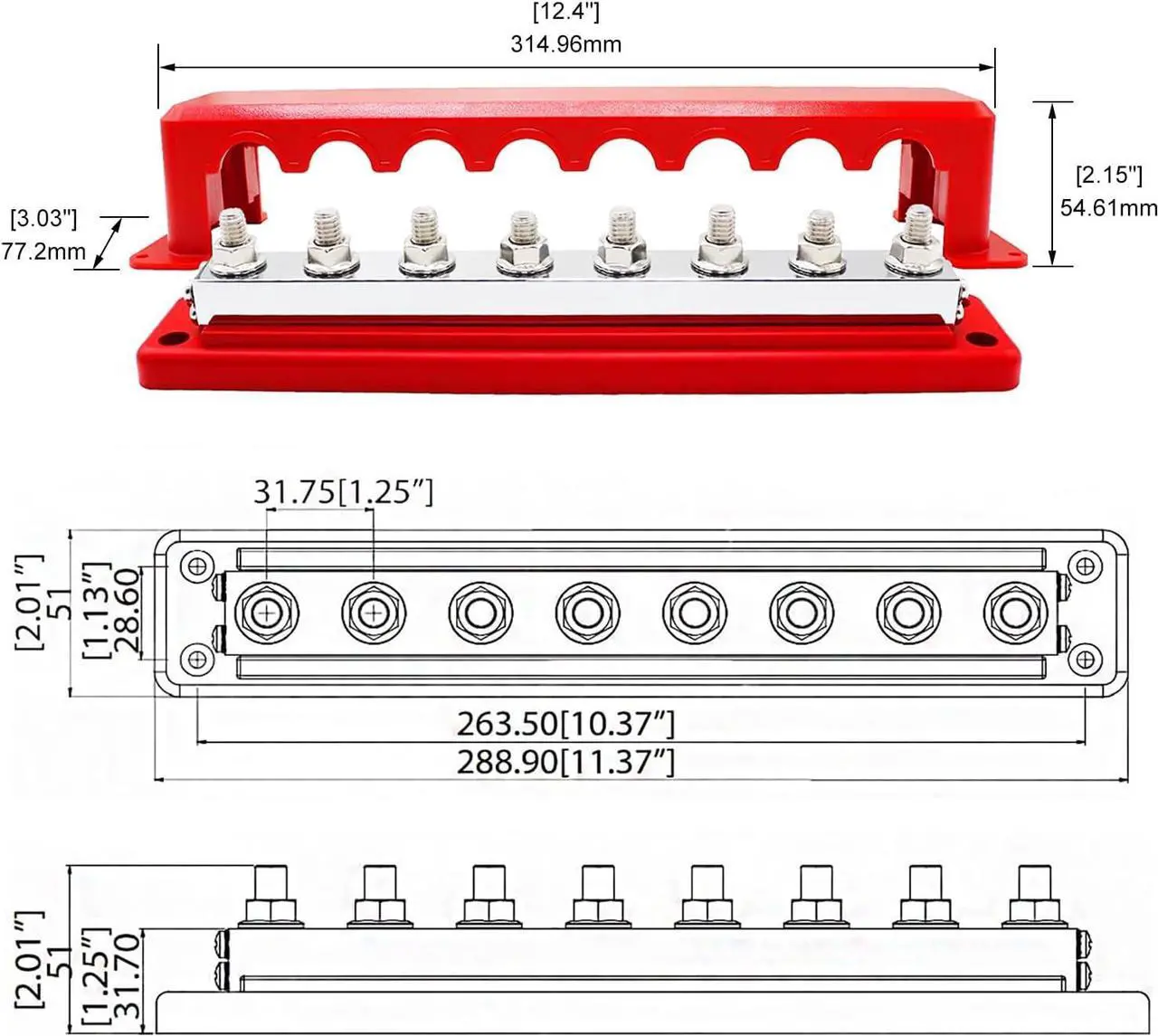 Alt view image 5 of 7 - 600A High Current Busbar 12-48V DC Heavy-Duty Nickel-Plated Copper Power Distribution Block 8xM10 (3/8") Terminal Studs with Cover Battery Bus Bar for Automobiles Boat RV Truck (Black&Red)