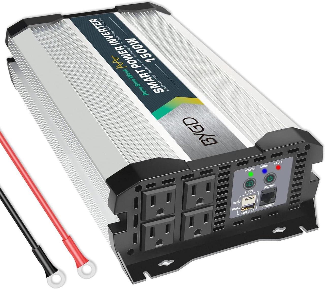 Main image of 1500W Pure Sine Wave Power Inverter DC 12V to 110V AC Car Interter with 4 AC Outlets, USB and Type C Ports Charger, Inverter for RV Vehicles Travel Camping