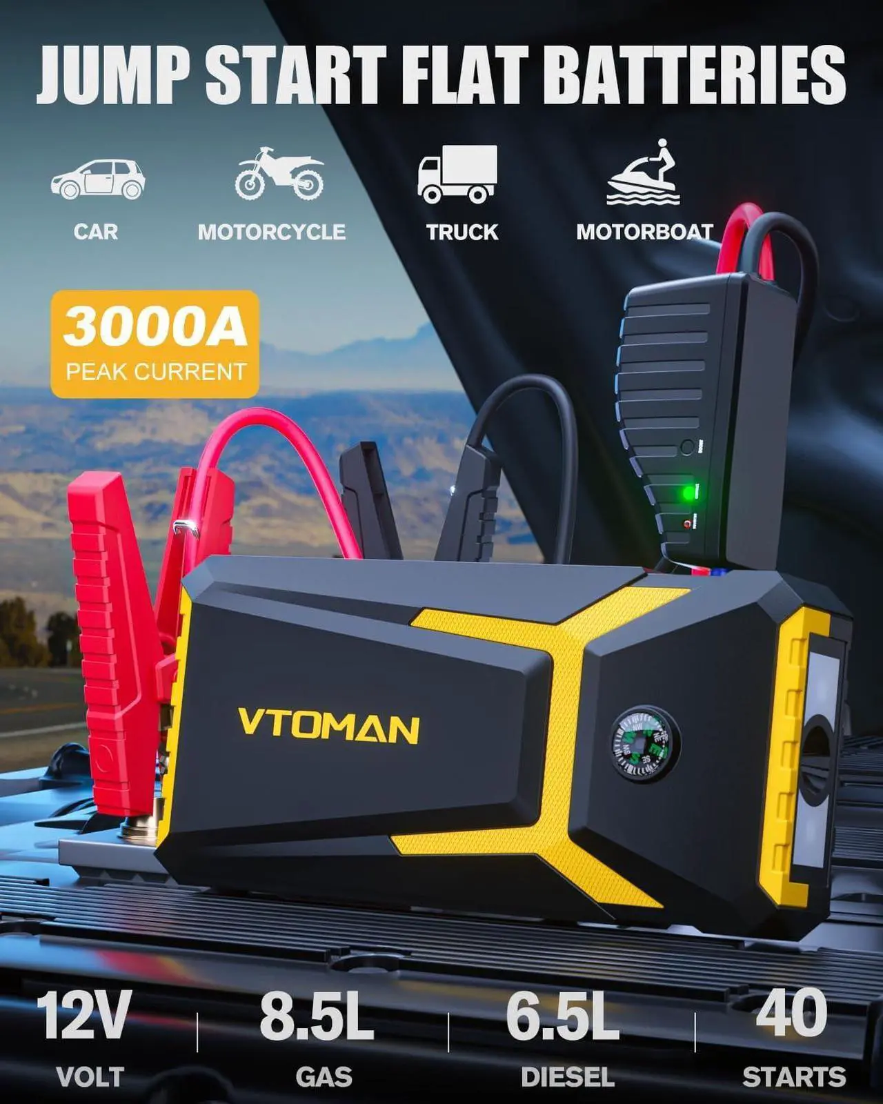 Alt view image 2 of 6 - V8 Pro 3000A Jump Starter, Car Battery Charger Jump Starters for Up 8.5L Gas and 6.5L Diesel Engines, 12V Auto Lithium Battery Booster Pack, Portable Jump Box with Jumper Cable LCD Display