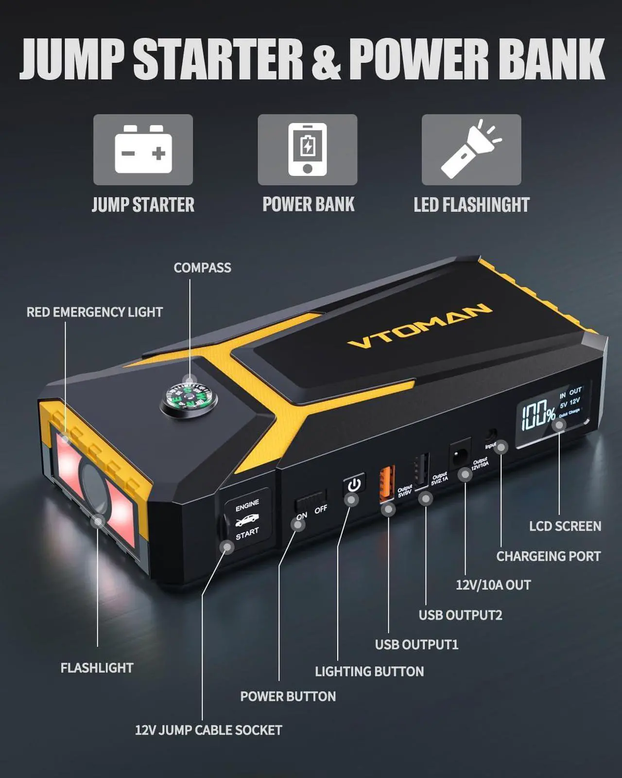 Alt view image 6 of 6 - V8 Pro 3000A Jump Starter, Car Battery Charger Jump Starters for Up 8.5L Gas and 6.5L Diesel Engines, 12V Auto Lithium Battery Booster Pack, Portable Jump Box with Jumper Cable LCD Display