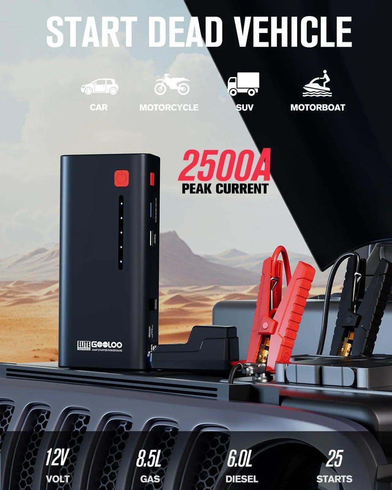 Alt view image 2 of 7 - Jump Starter 2500A Peak Car Jumper Starter 12V SuperSafe Lithium Jump Box, Battery Booster Pack, Portable Car Battery Charger, and Jumper Cables for Up to 8.5L Gas or 6.0L Diesel Engine