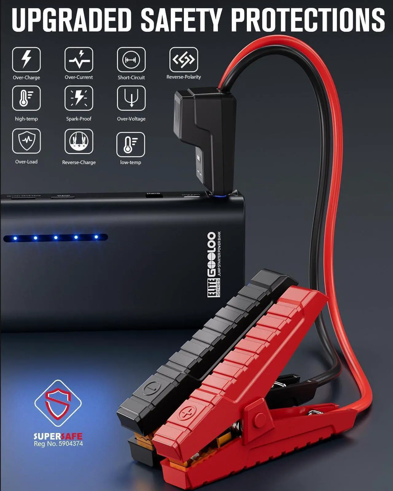 Alt view image 3 of 7 - Jump Starter 2500A Peak Car Jumper Starter 12V SuperSafe Lithium Jump Box, Battery Booster Pack, Portable Car Battery Charger, and Jumper Cables for Up to 8.5L Gas or 6.0L Diesel Engine