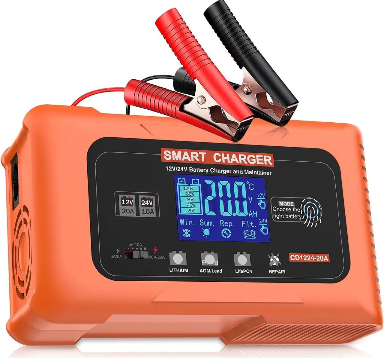 Main image of 20 Amp Smart Car Battery Charger, 12V 24V Portable Trickle Charger Automotive Battery Maintainer Repair Lithium, LiFePO4, Lead-Acid(AGM/Gel/SLA..) for EV, Car, Truck, Boat, Motorcycle, Lawn Mower