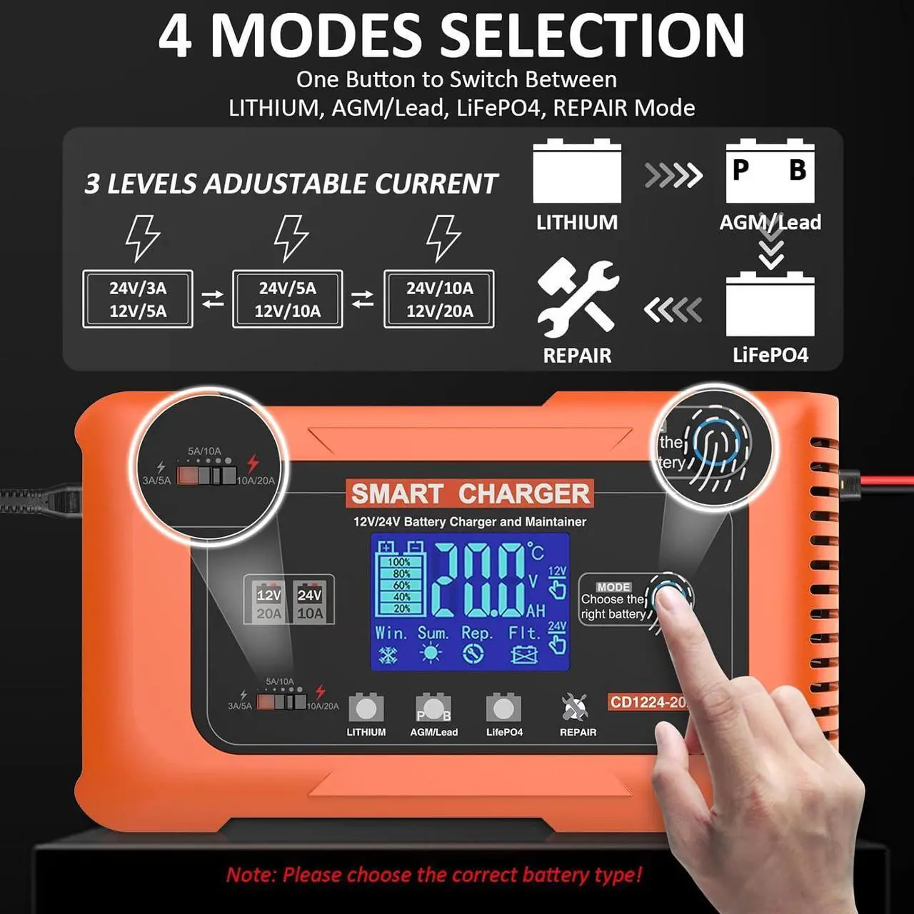 Alt view image 2 of 7 - 20 Amp Smart Car Battery Charger, 12V 24V Portable Trickle Charger Automotive Battery Maintainer Repair Lithium, LiFePO4, Lead-Acid(AGM/Gel/SLA..) for EV, Car, Truck, Boat, Motorcycle, Lawn Mower