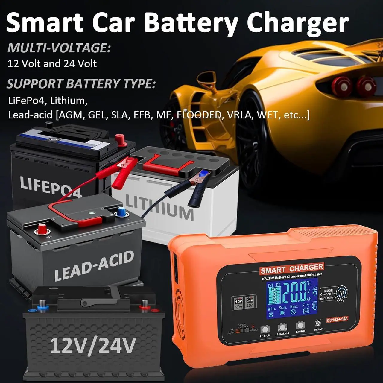 Alt view image 3 of 7 - 20 Amp Smart Car Battery Charger, 12V 24V Portable Trickle Charger Automotive Battery Maintainer Repair Lithium, LiFePO4, Lead-Acid(AGM/Gel/SLA..) for EV, Car, Truck, Boat, Motorcycle, Lawn Mower