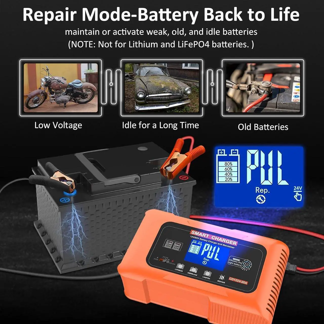 Alt view image 4 of 7 - 20 Amp Smart Car Battery Charger, 12V 24V Portable Trickle Charger Automotive Battery Maintainer Repair Lithium, LiFePO4, Lead-Acid(AGM/Gel/SLA..) for EV, Car, Truck, Boat, Motorcycle, Lawn Mower