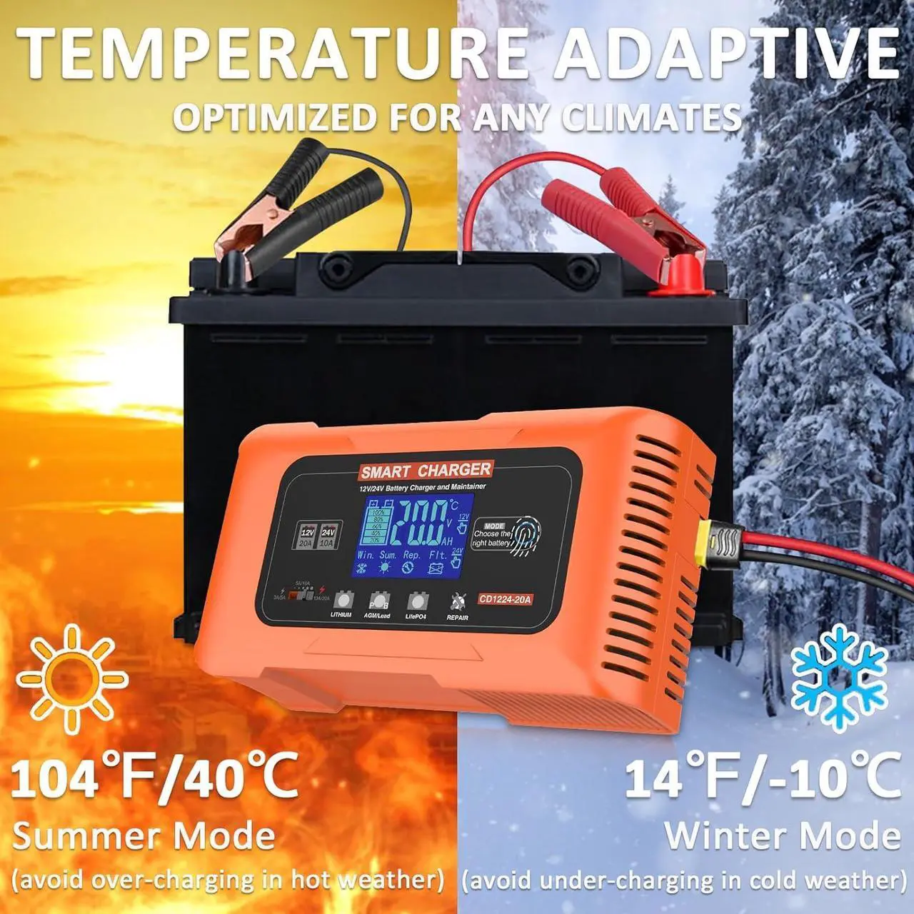 Alt view image 5 of 7 - 20 Amp Smart Car Battery Charger, 12V 24V Portable Trickle Charger Automotive Battery Maintainer Repair Lithium, LiFePO4, Lead-Acid(AGM/Gel/SLA..) for EV, Car, Truck, Boat, Motorcycle, Lawn Mower