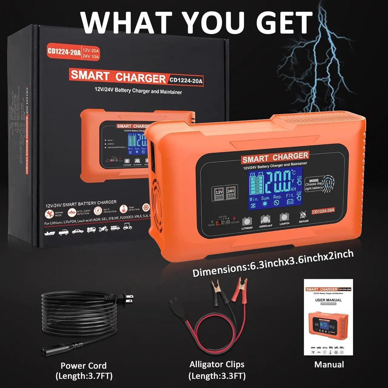 Alt view image 7 of 7 - 20 Amp Smart Car Battery Charger, 12V 24V Portable Trickle Charger Automotive Battery Maintainer Repair Lithium, LiFePO4, Lead-Acid(AGM/Gel/SLA..) for EV, Car, Truck, Boat, Motorcycle, Lawn Mower