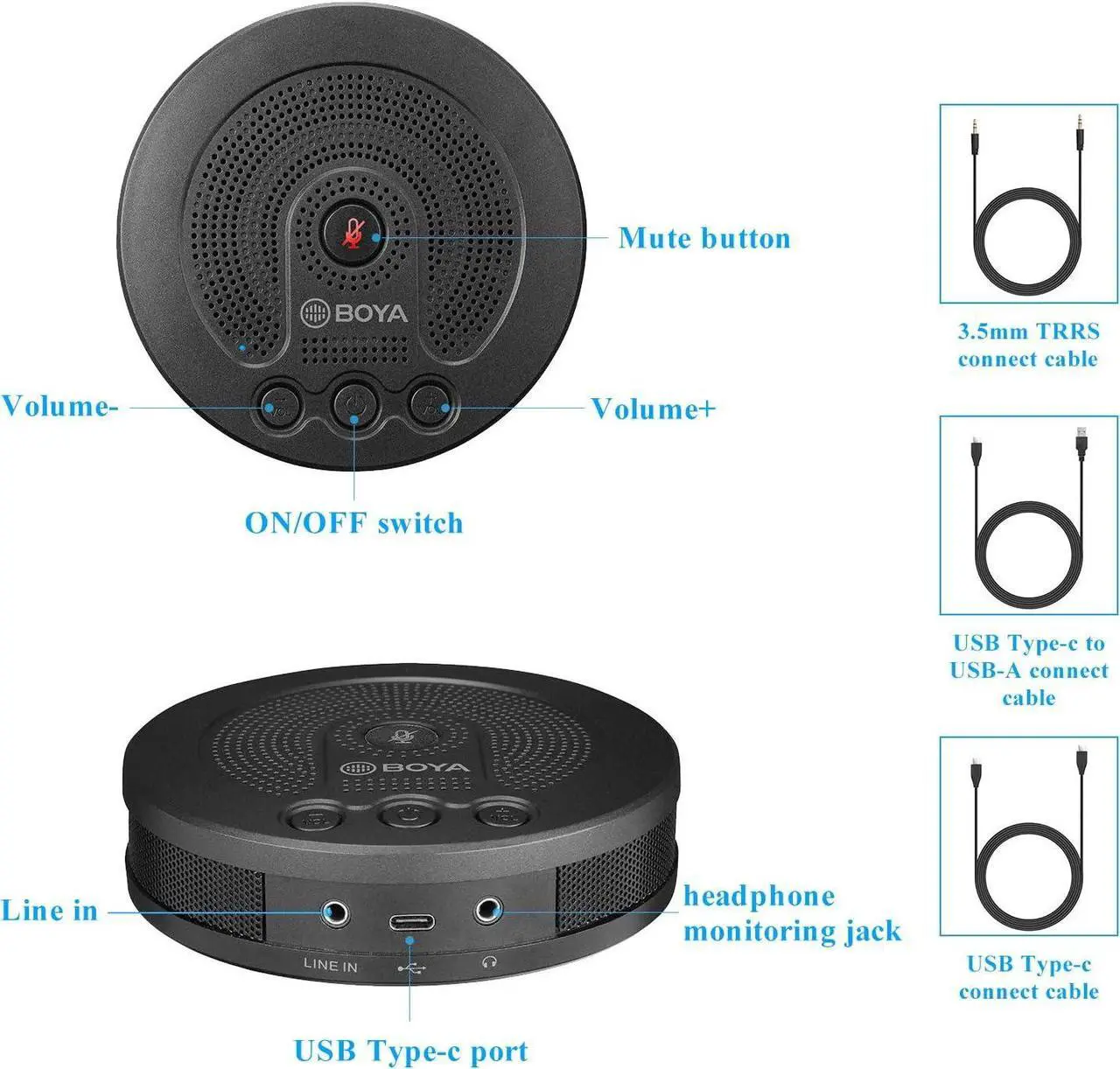 Alt view image 3 of 7 - Speakerphone Conference Microphone with 3.5mm TRRS USB Type-C USB Connector for iOS iPhone Android Smartphone Tablet PC Laptop Recording Skype Conference Call