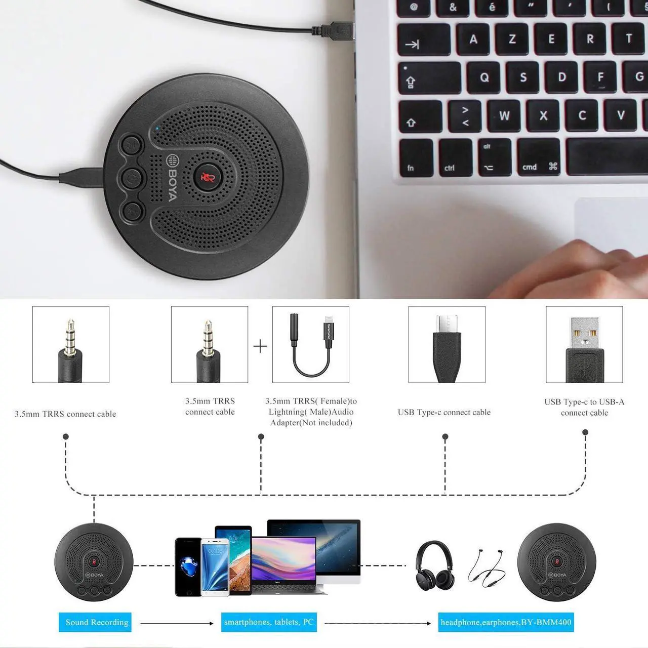 Alt view image 6 of 7 - Speakerphone Conference Microphone with 3.5mm TRRS USB Type-C USB Connector for iOS iPhone Android Smartphone Tablet PC Laptop Recording Skype Conference Call