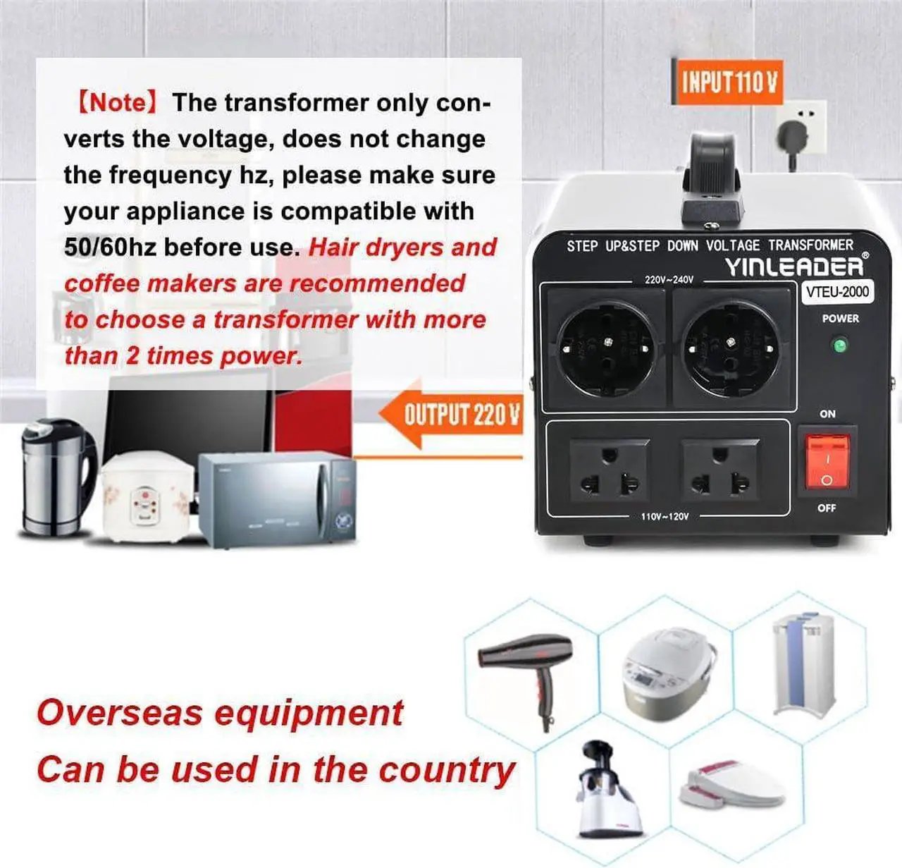 Alt view image 3 of 7 - 2000W Step Up/Down Transformer,Convert 110/120V to 220/240 Volt OR Convert 220V to 110V Voltage Converter with 2US&2 EU outlets