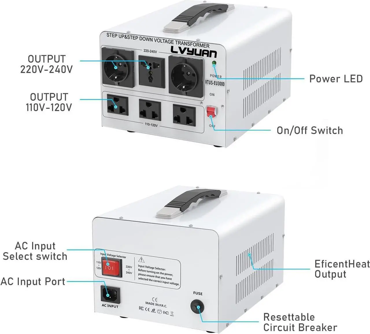 Alt view image 2 of 7 - 3000W Voltage Transformer Power Converter Step Up 110V to 220V, Step Down 220V to 110V, 110/120 Volt - 220/240 Volt