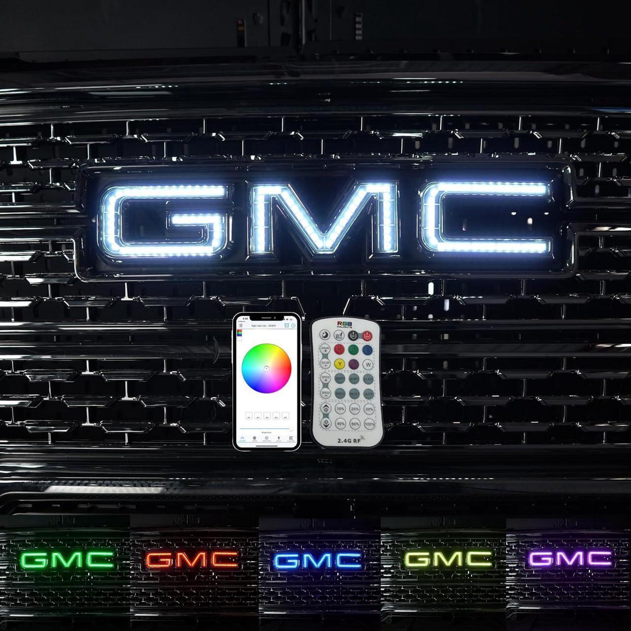 Main image of RGB Halo Kits Multicolored LED Logo to fit GMC Front Emblem - Illuminated Truck Logos 2007-2018 Models - Replacement to fit GMC Emblems for Trucks - LED Truck Logo Emblems - Made in USA