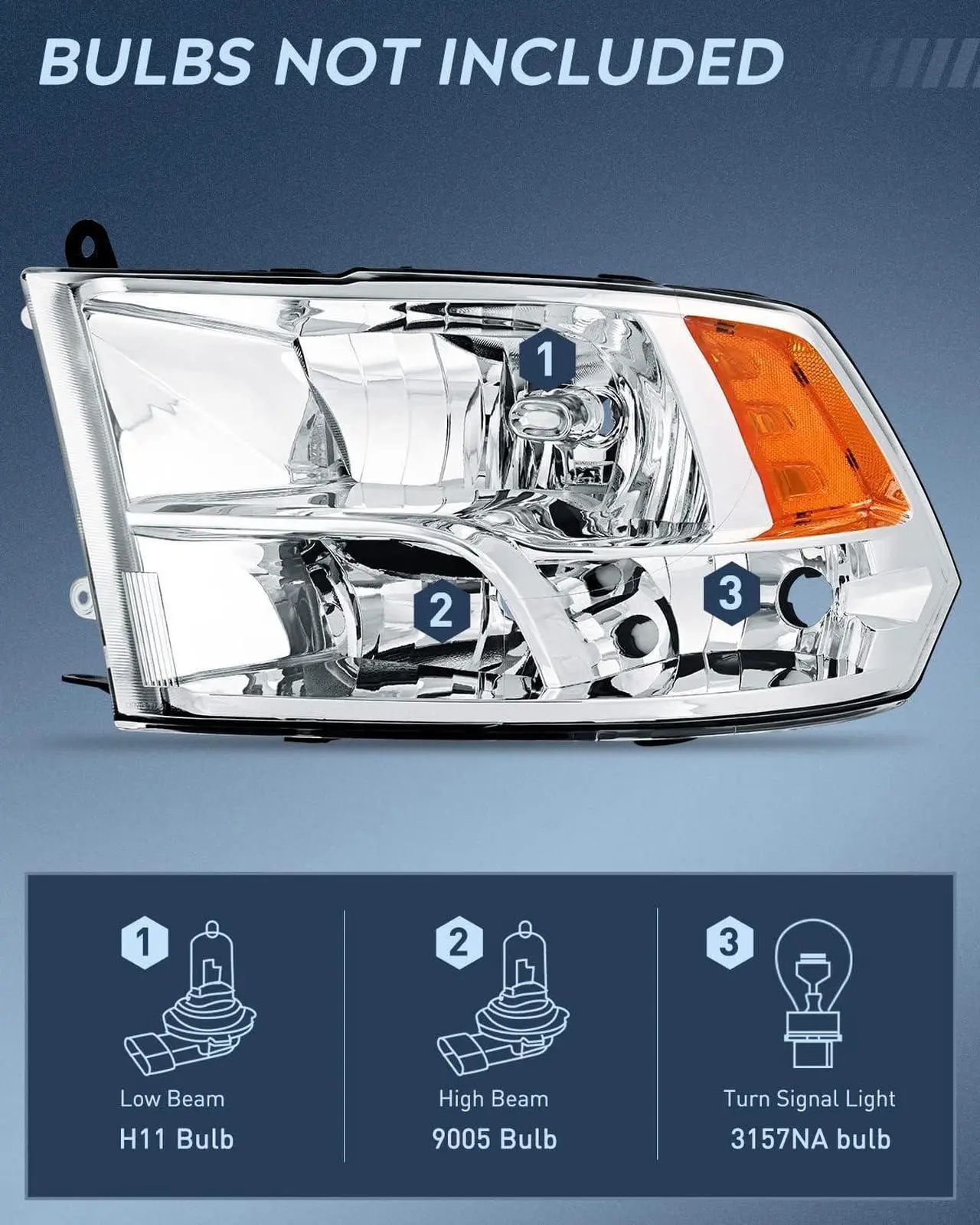 Alt view image 2 of 7 - Headlight Assembly 2009 2010 2011 2012 2013 2014 2015 2016 2017 2018 Ram 1500 2500 3500 Pickup Quad Headlamp Assembly Replacement Chrome Housing Amber Corner Clear Lens,(Only for Quad Models)