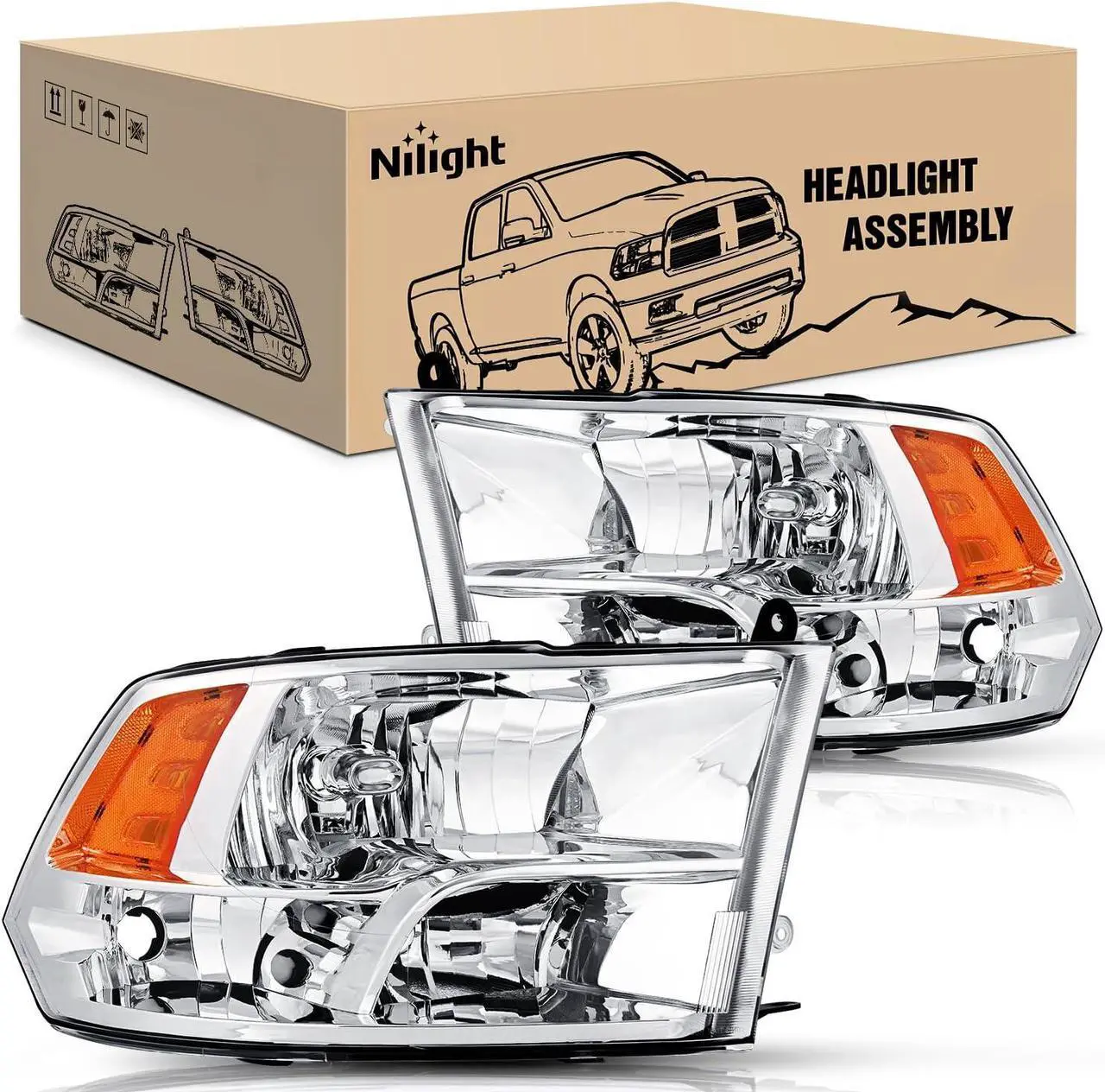Main image of Headlight Assembly 2009 2010 2011 2012 2013 2014 2015 2016 2017 2018 Ram 1500 2500 3500 Pickup Quad Headlamp Assembly Replacement Chrome Housing Amber Corner Clear Lens,(Only for Quad Models)