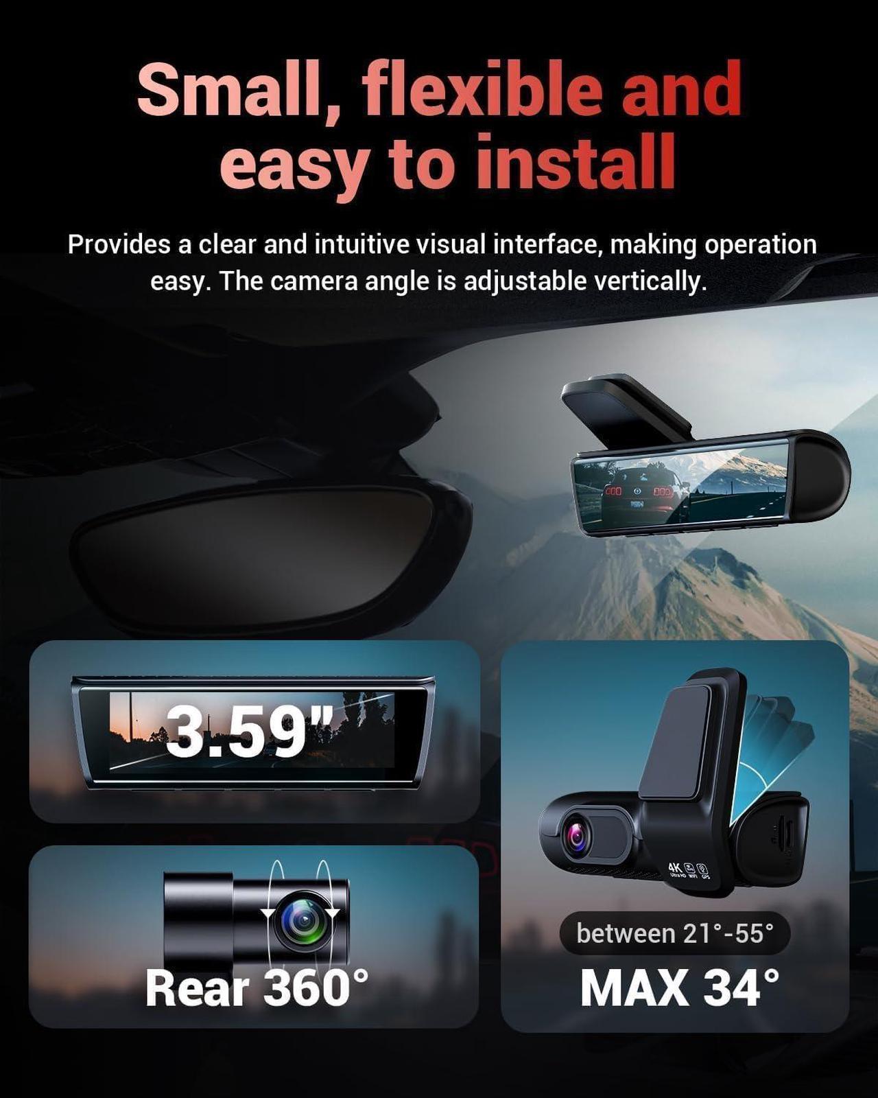 Alt view image 3 of 6 - K600 4k Dash Cam Front and Rear, 3.59" IPS Screen, Built-in GPS 5G WiFi Dash Camera for Cars with App, UHD 2160P Night Vision Free 32G SD Card, 170° Wide Angle, HDR, 24H Parking Mode